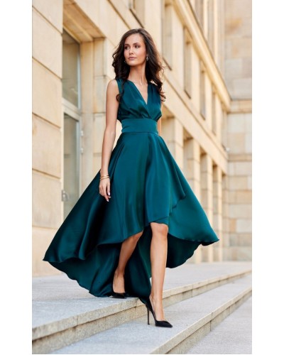 Rochie de ocazie midi, din satin verde, asimetrica, cu trena, cu trena, Jennifer - dyandra.ro