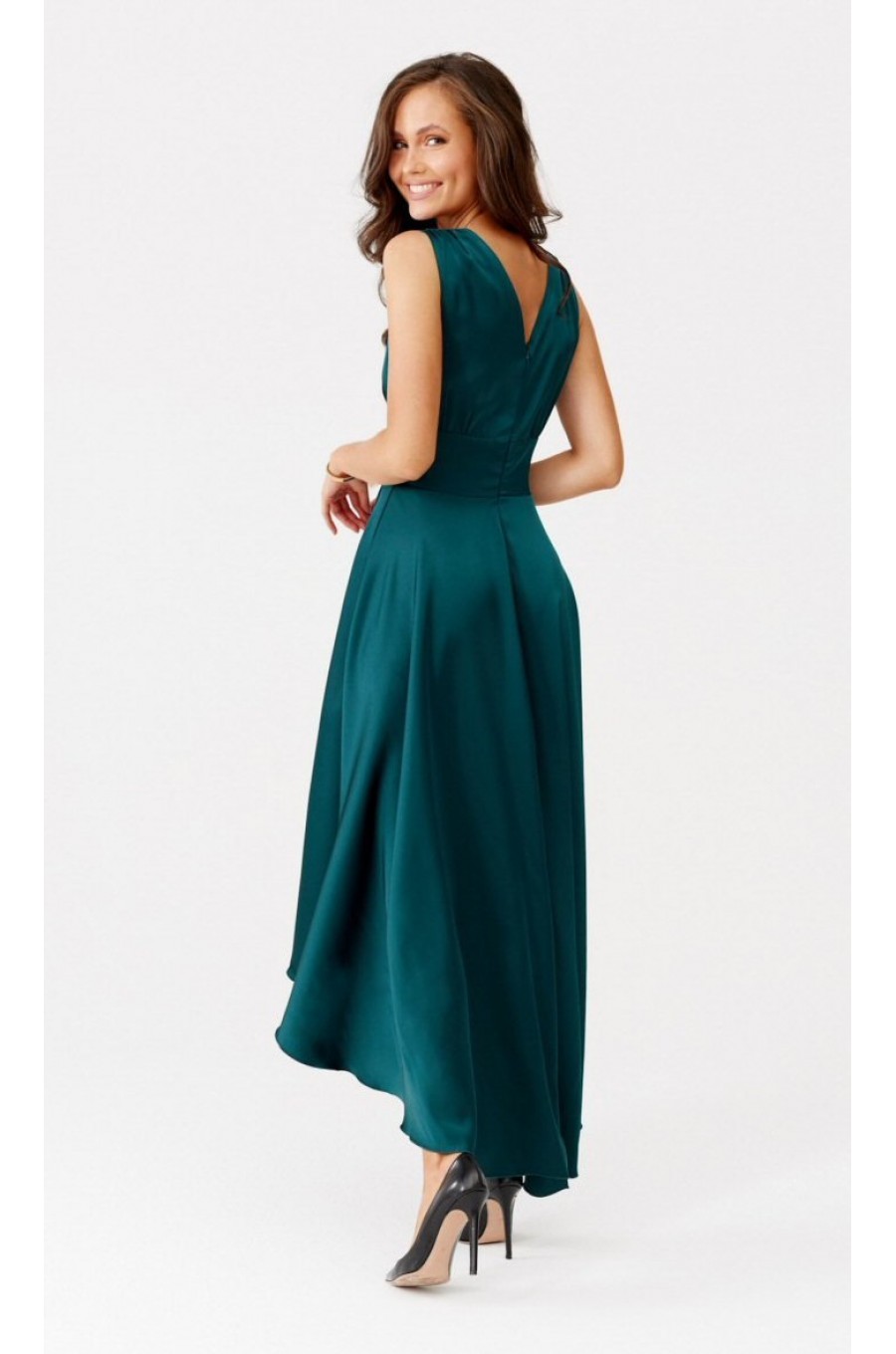 Rochie de ocazie midi, din satin verde, asimetrica, cu trena, cu trena, Jennifer 2 - dyandra.ro