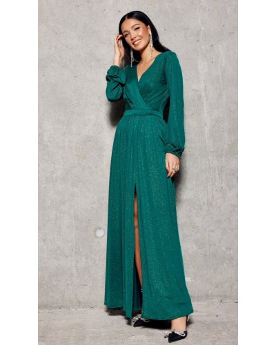 Rochie lunga verde din brocard cu maneca lunga Smaranda - dyandra.ro