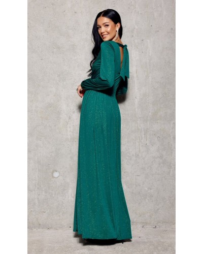 Rochie lunga verde din brocard cu maneca lunga Smaranda - dyandra.ro