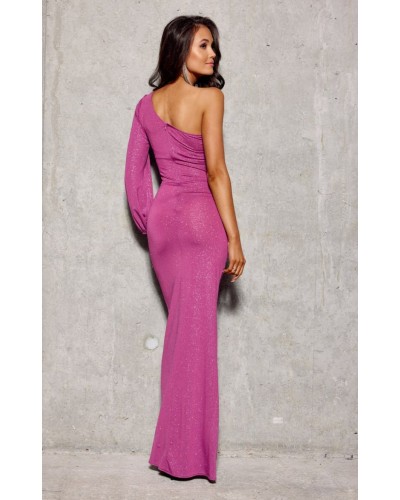 Rochie de seara lunga din brocard roz fucsia, cu un umar gol si maneca lunga, Narcisse - dyandra.ro