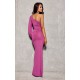 Rochie de seara lunga din brocard roz fucsia, cu un umar gol si maneca lunga, Narcisse 3 - dyandra.ro