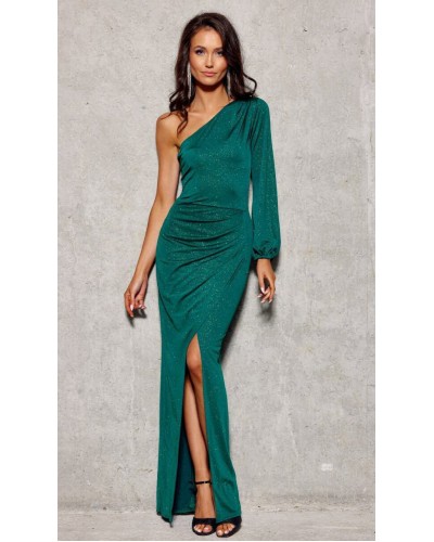 Rochie lunga din brocard verde cu un umar gol si maneca lunga Narcisse - dyandra.ro