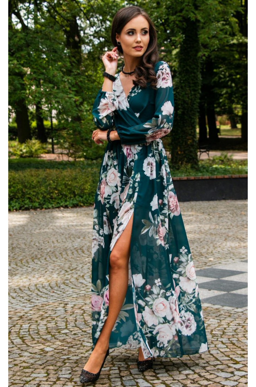 Rochie de vara lunga din voal verde smarald cu flori vaporoasa cu maneca lunga Anamaria 1 - dyandra.ro