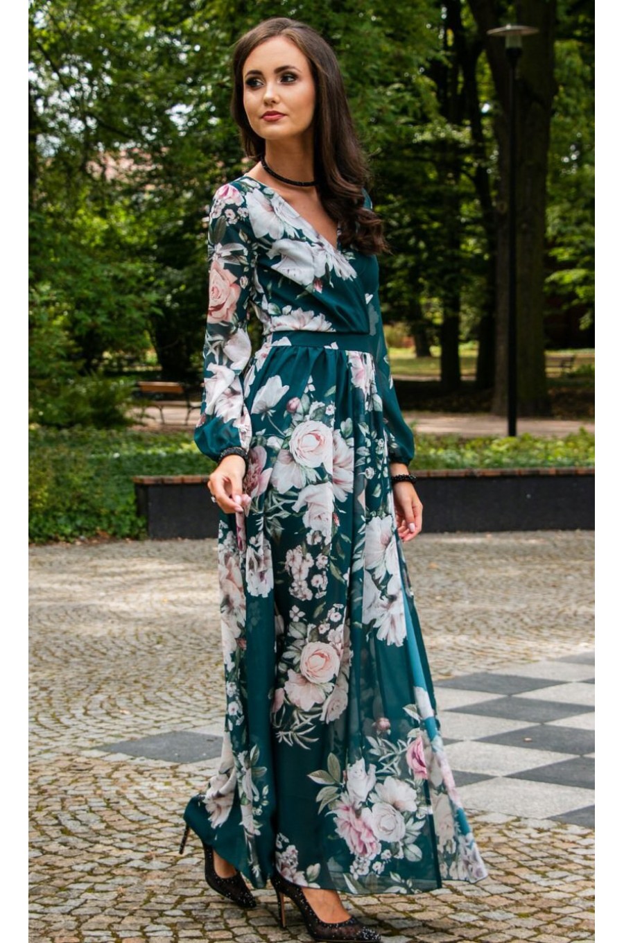 Rochie de vara lunga din voal verde smarald cu flori vaporoasa cu maneca lunga Anamaria 5 - dyandra.ro