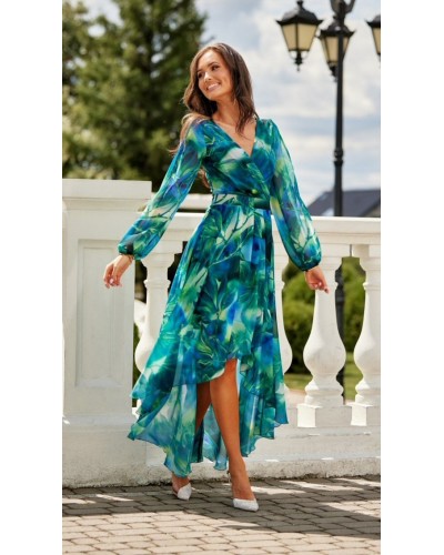 Rochii, Rochie din voal lunga turcoaz cu flori vaporoasa cu maneca lunga Sureya - dyandra.ro