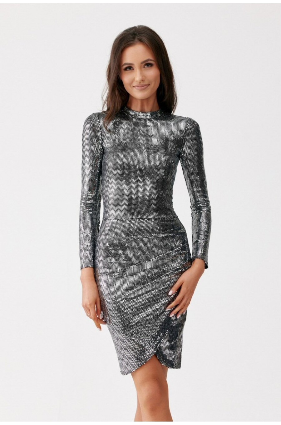 Rochie scurta mulata argintie din paiete cu maneca lunga Millane 4 - dyandra.ro