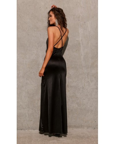 Rochii de nasa, Rochie lunga neagra din satin Lamelia - dyandra.ro