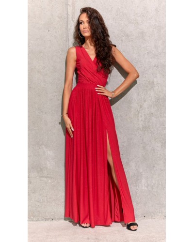 Rochie lunga rosie din brocard petrecuta Carminda - dyandra.ro