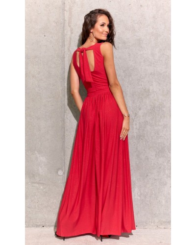 Rochie lunga rosie din brocard petrecuta Carminda - dyandra.ro