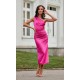 Rochie eleganta lunga, din satin roz fucsia, mulata, cu un umar gol, Lamia 2 - dyandra.ro
