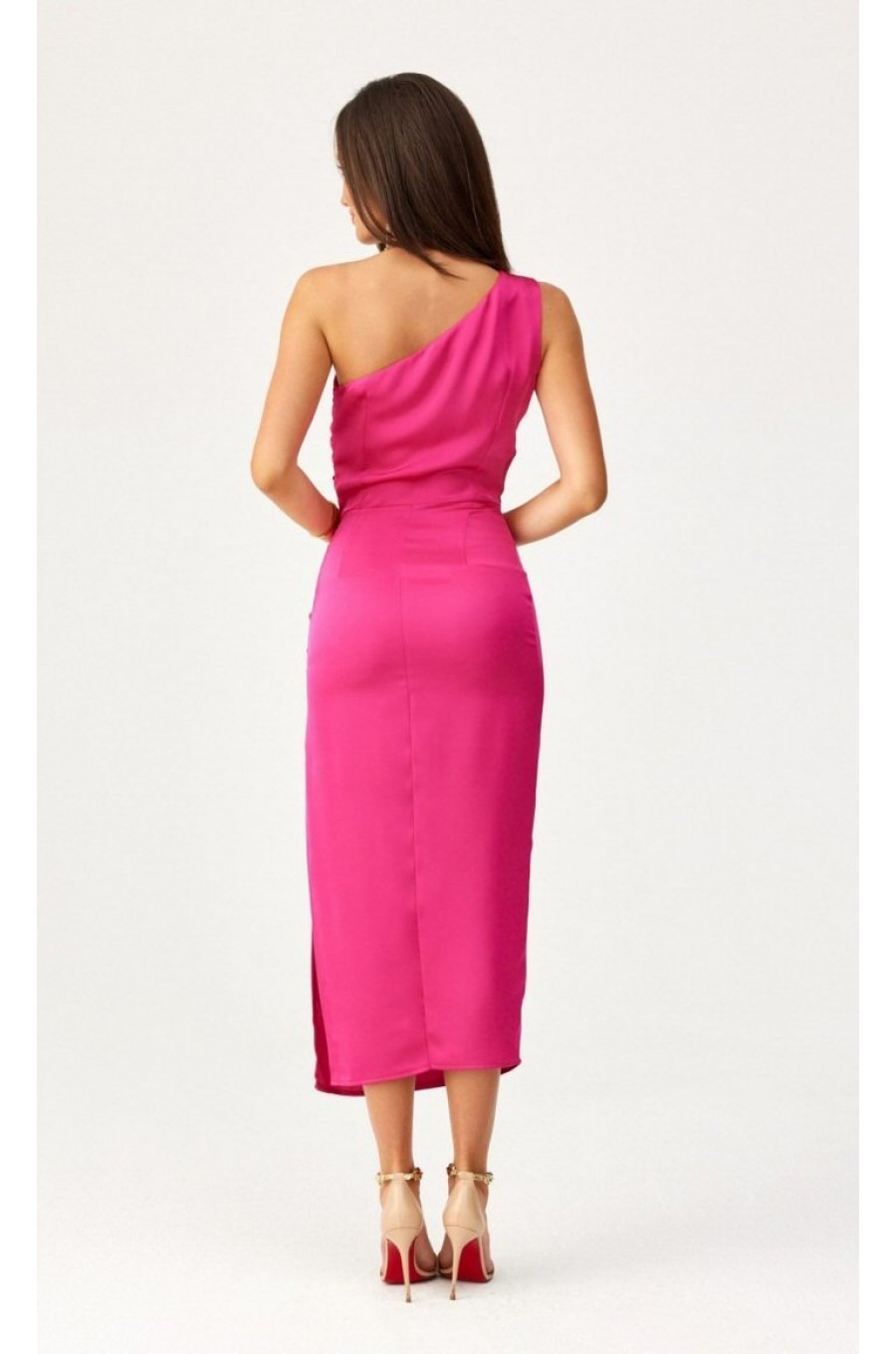 Rochie eleganta lunga, din satin roz fucsia, mulata, cu un umar gol, Lamia 3 - dyandra.ro