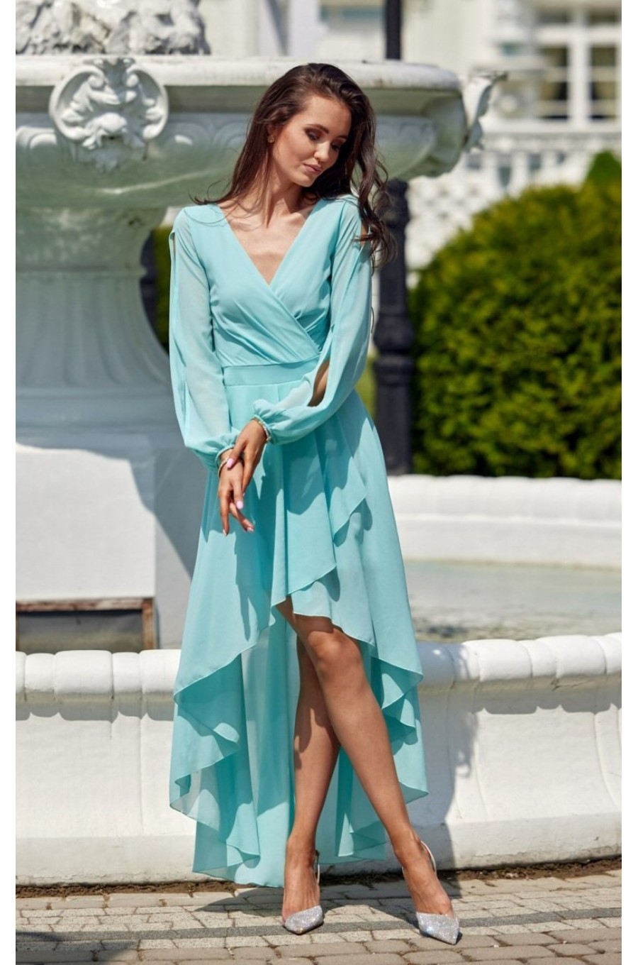 Rochie lunga eleganta din voal menta vaporoasa cu maneca lunga Jessica 2 - dyandra.ro