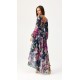 Rochie eleganta lunga din voal navy cu flori roz cu maneca lunga vaporoasa Sureya 3 - dyandra.ro