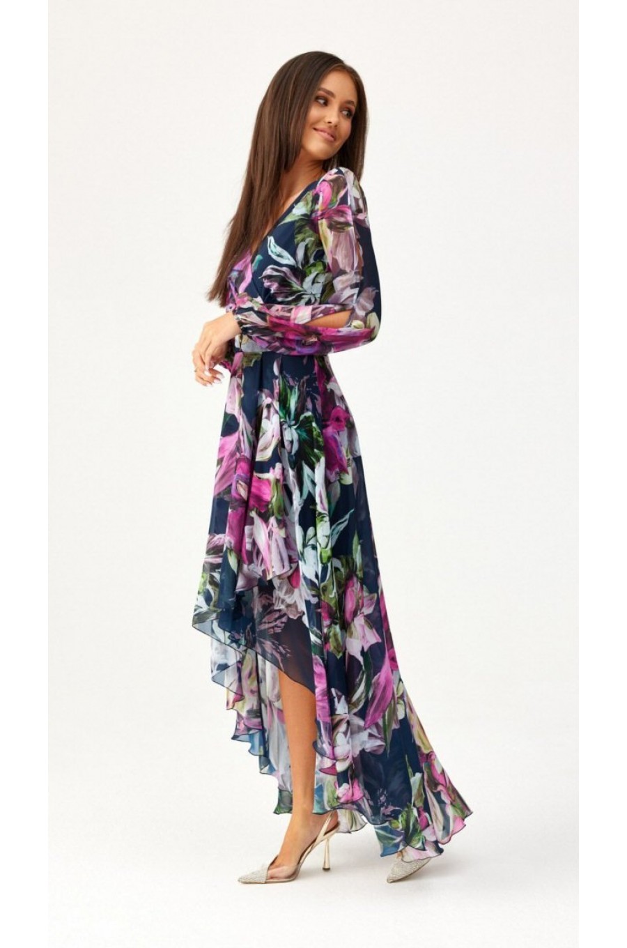 Rochie eleganta lunga din voal navy cu flori roz cu maneca lunga vaporoasa Sureya 3 - dyandra.ro