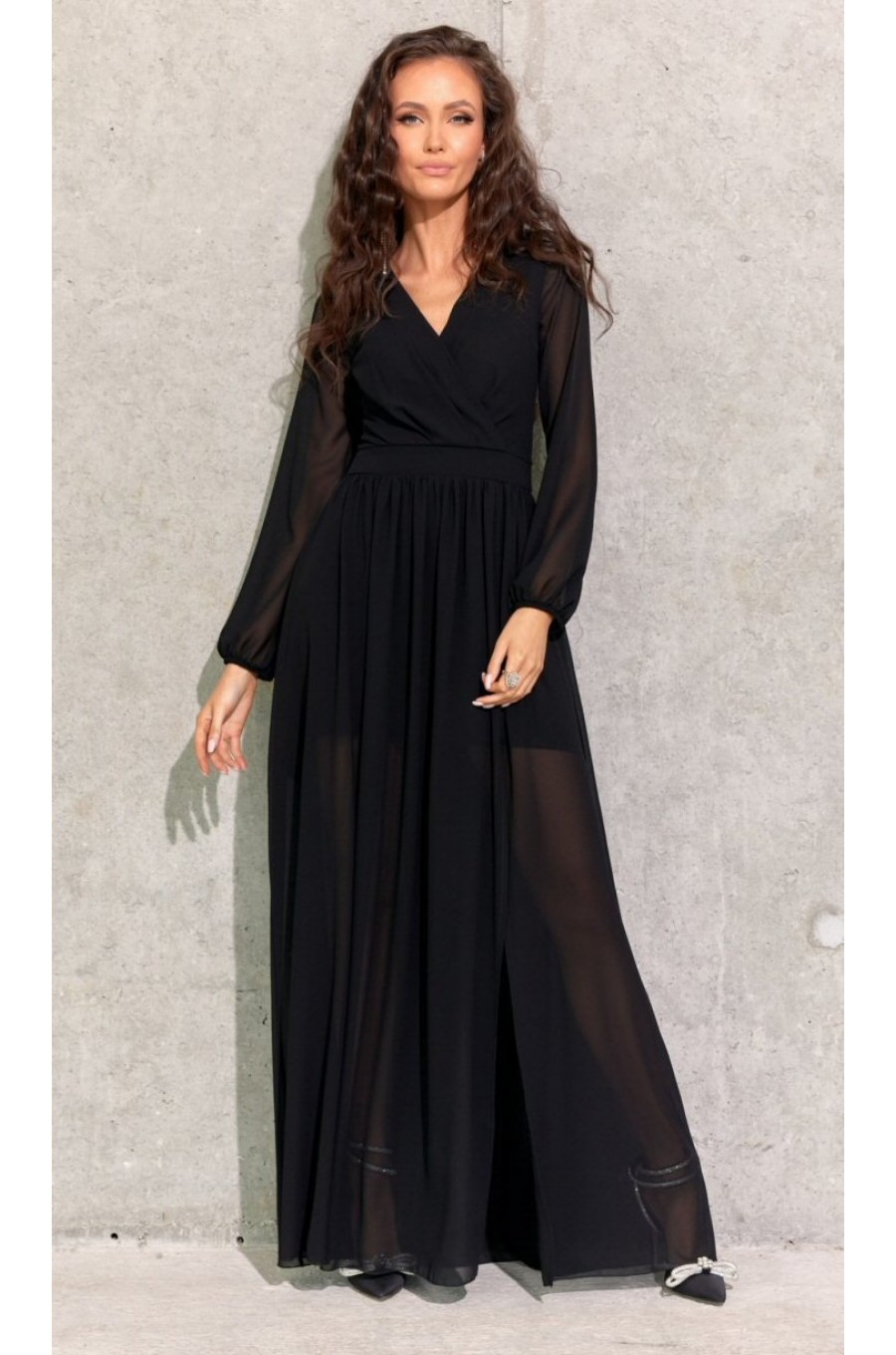Rochie lunga neagra din voal chiffon vaporoasa cu maneca lunga Stella Rochie lunga neagra din voal chiffon vaporoasa cu maneca lunga Stella 1 - dyandra.ro