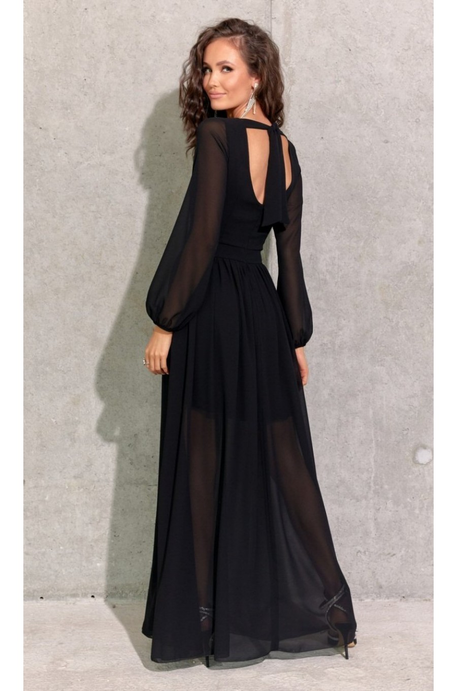 Rochie lunga neagra din voal chiffon vaporoasa cu maneca lunga Stella Rochie lunga neagra din voal chiffon vaporoasa cu maneca lunga Stella 2 - dyandra.ro