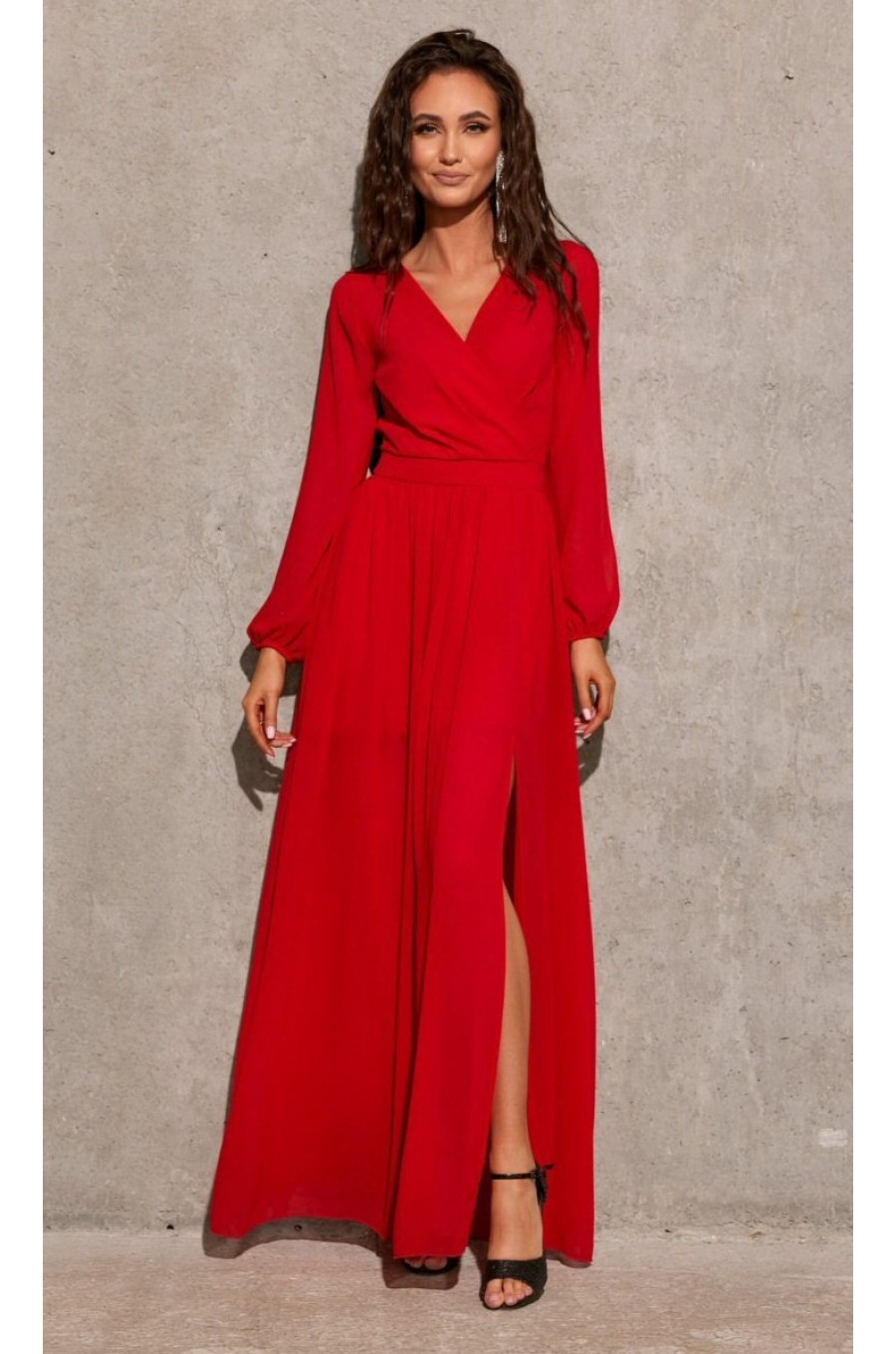 Rochie lunga rosie din voal chiffon vaporoasa cu maneca lunga Stella Rochie lunga rosie din voal chiffon vaporoasa cu maneca lunga Stella 1 - dyandra.ro