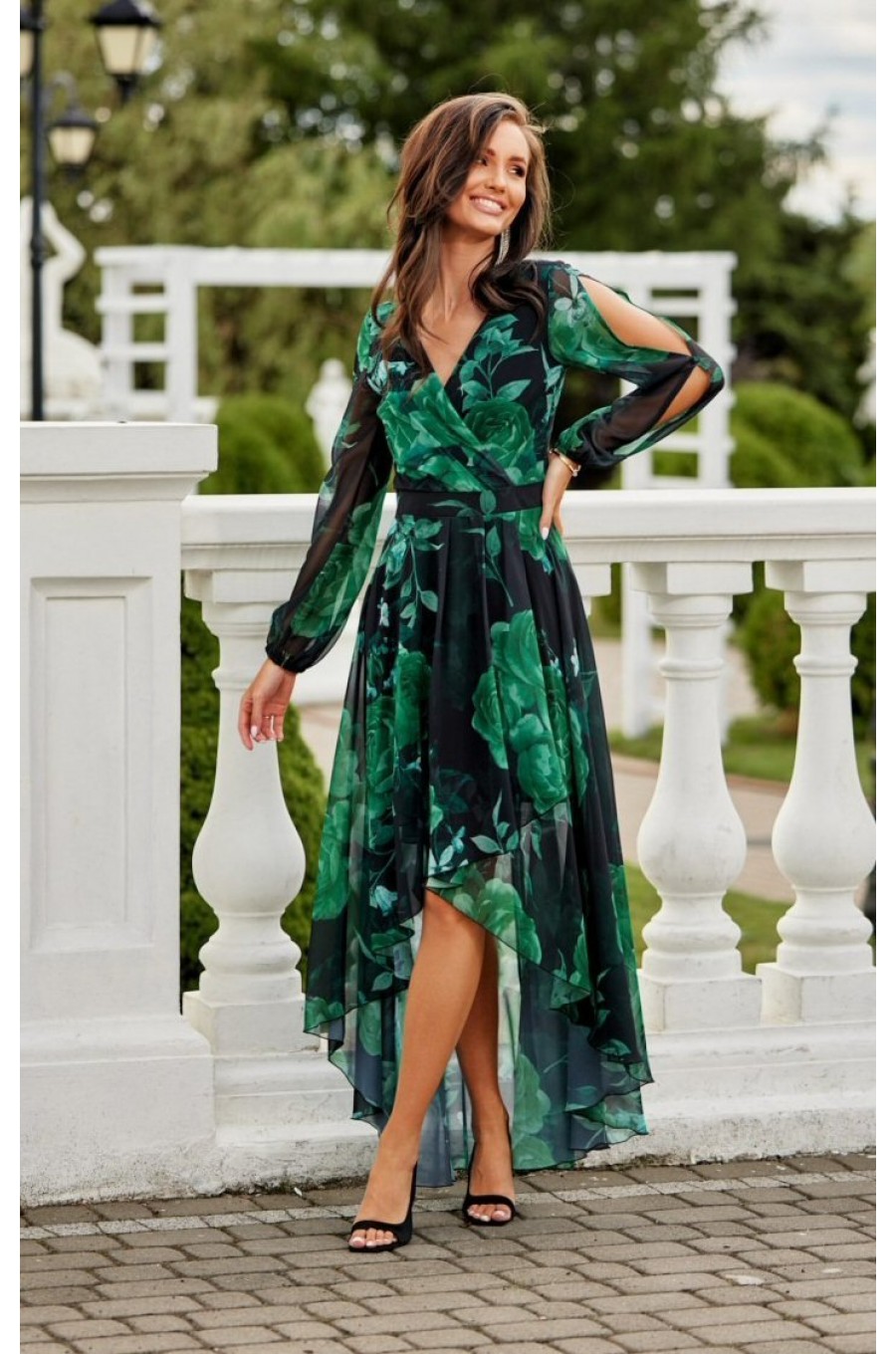 Rochie eleganta din voal verde lunga cu flori cu maneca lunga vaporoasa Sureya 1 - dyandra.ro