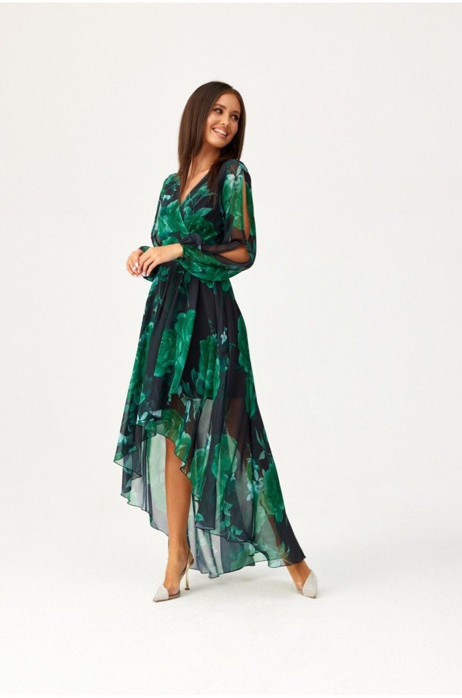 Rochie eleganta din voal verde lunga cu flori cu maneca lunga vaporoasa Sureya 3 - dyandra.ro