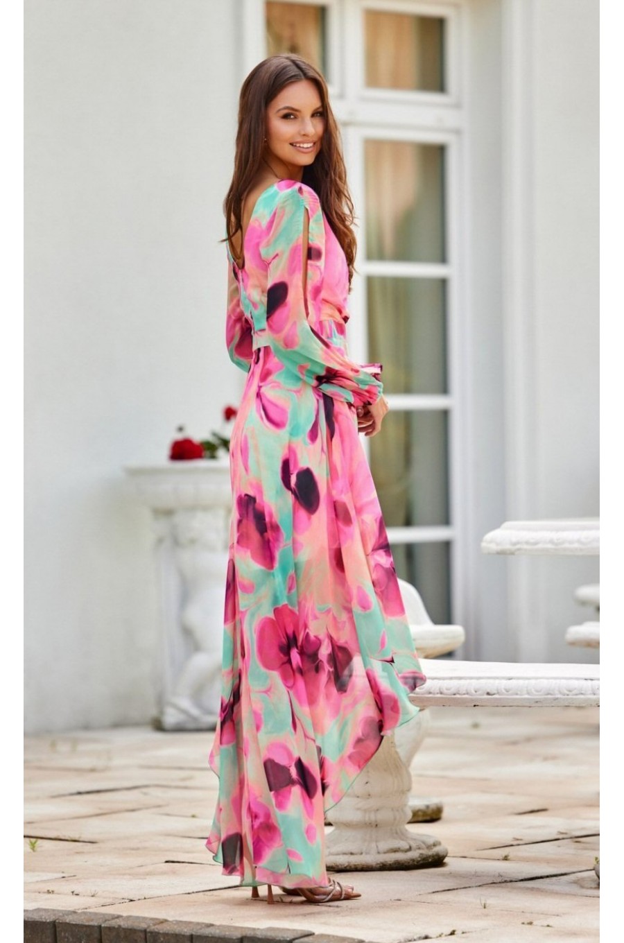 Rochie din voal lunga cu flori roz, cu maneca lunga, vaporoasa, Sureya 2 - dyandra.ro