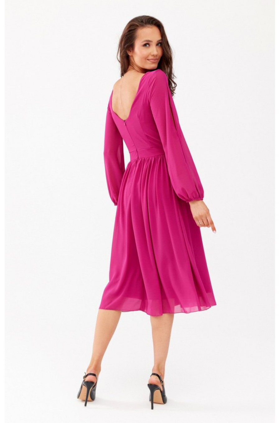 Rochie din voal roz magenta midi cu maneca lunga vaporoasa Melen Rochie din voal roz magenta midi cu maneca lunga vaporoasa Melen 2 - dyandra.ro