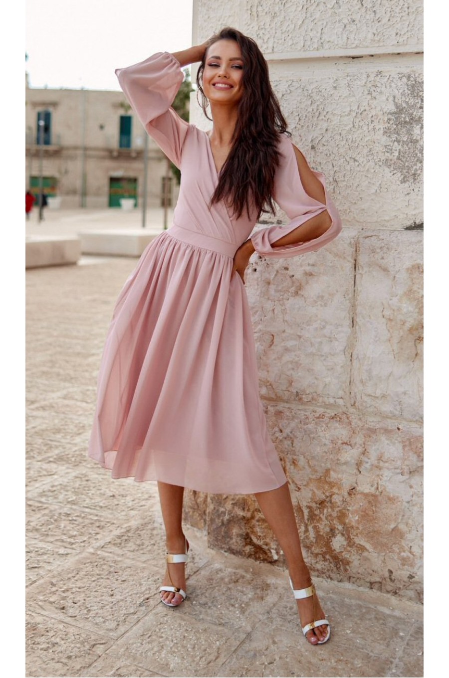 Rochie midi din voal roz pal vaporoasa cu maneca lunga Melen 2 - dyandra.ro