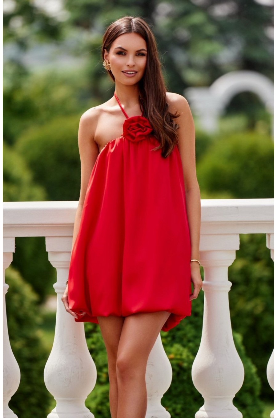 Rochie rosie din satin scurta babydoll cu umerii goi SienaR 1 - dyandra.ro