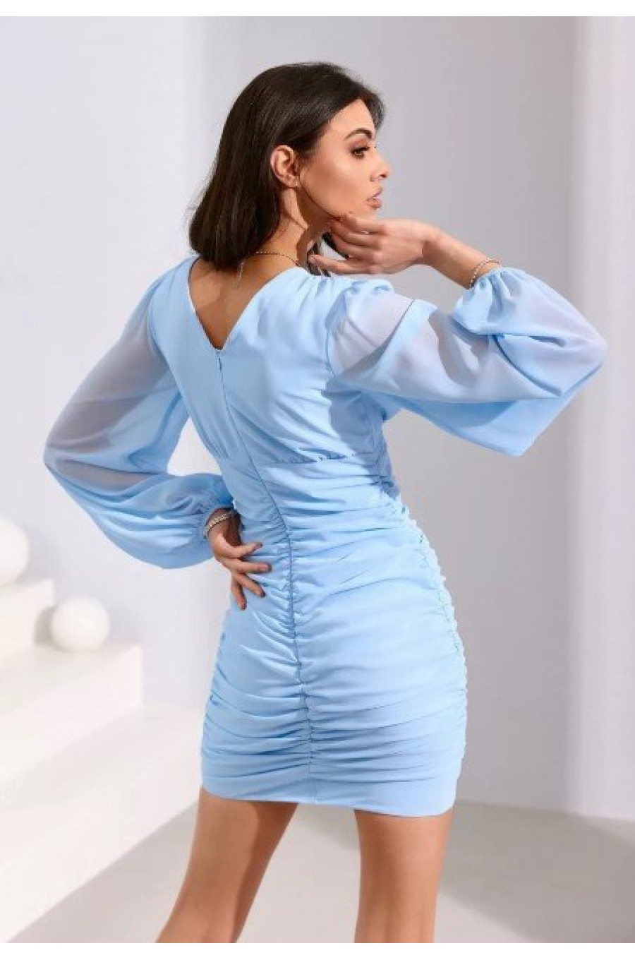 Rochie scurta mulata baby blue cu maneca lunga Elyanna 2 - dyandra.ro