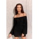 Rochie scurta neagra din brocard mulata cu umerii goi si maneca lunga incretita Whitney 5 - dyandra.ro