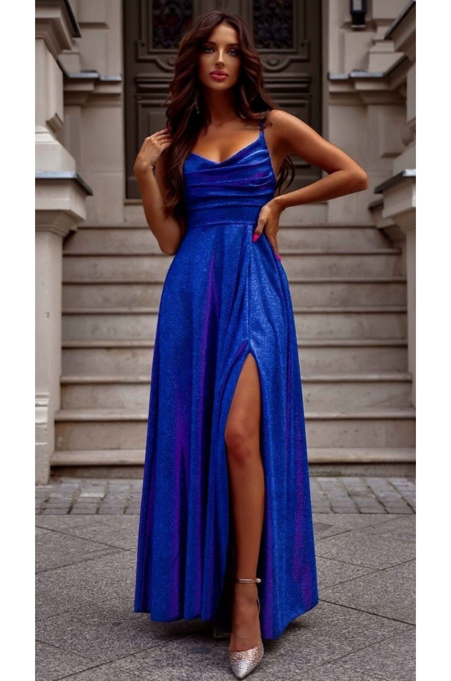 Rochie lunga eleganta din brocard albastra cu reflexii amaranth cu umerii goi si bust tip corset ValeriaLux 1 - dyandra.ro