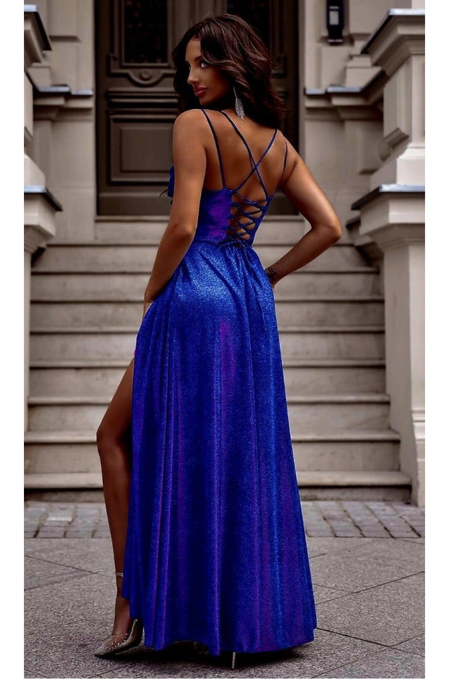 Rochie lunga eleganta din brocard albastra cu reflexii amaranth cu umerii goi si bust tip corset ValeriaLux 2 - dyandra.ro