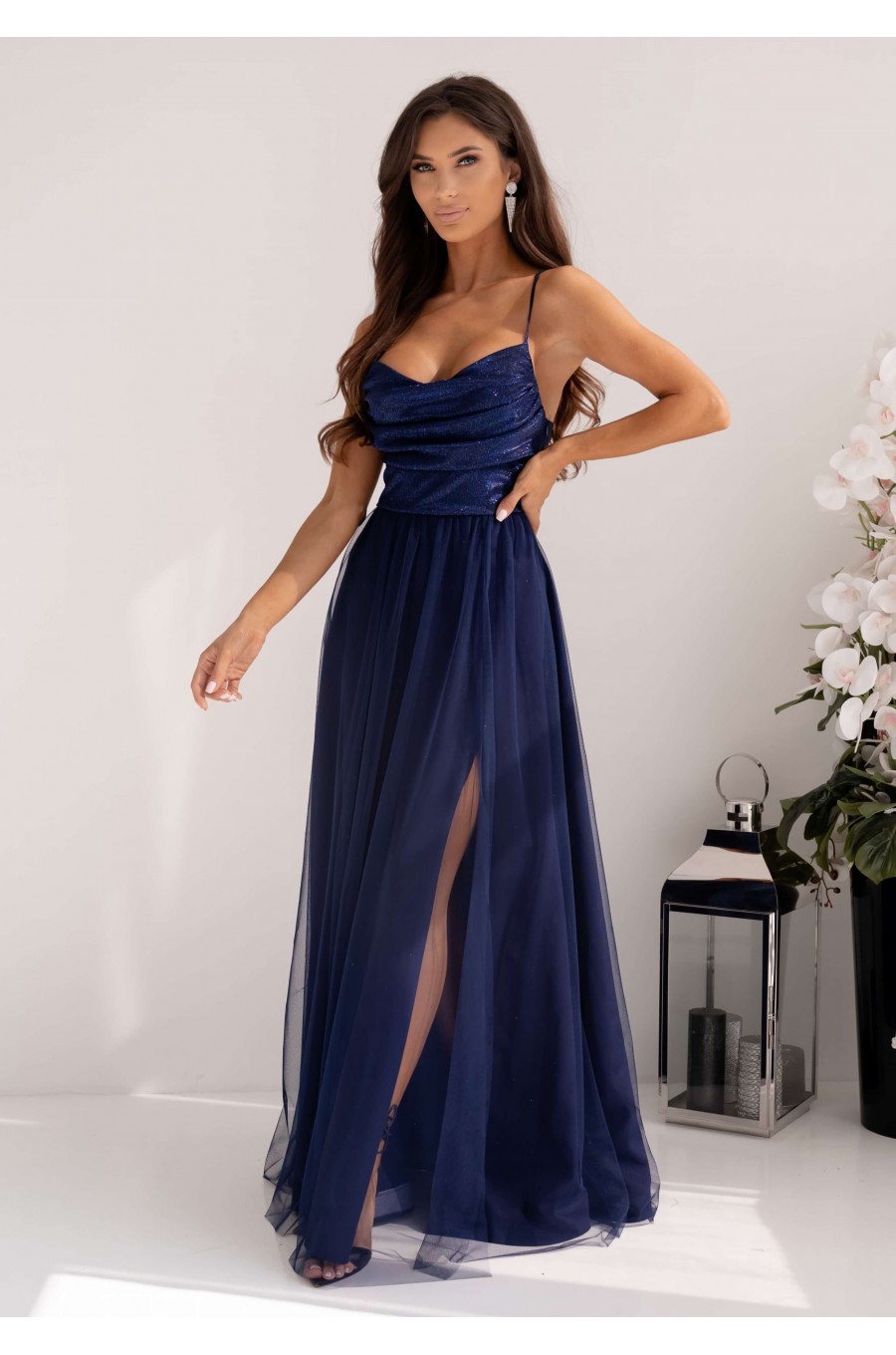 Rochie lunga din tulle si brocard bleumarin cu bustul tip corset si umerii goi RubyW 1 - dyandra.ro
