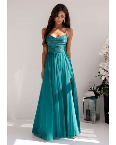 Rochie de ocazie eleganta lunga verde din tulle si brocard cu bustul tip corset si umerii goi RubyW - dyandra.ro