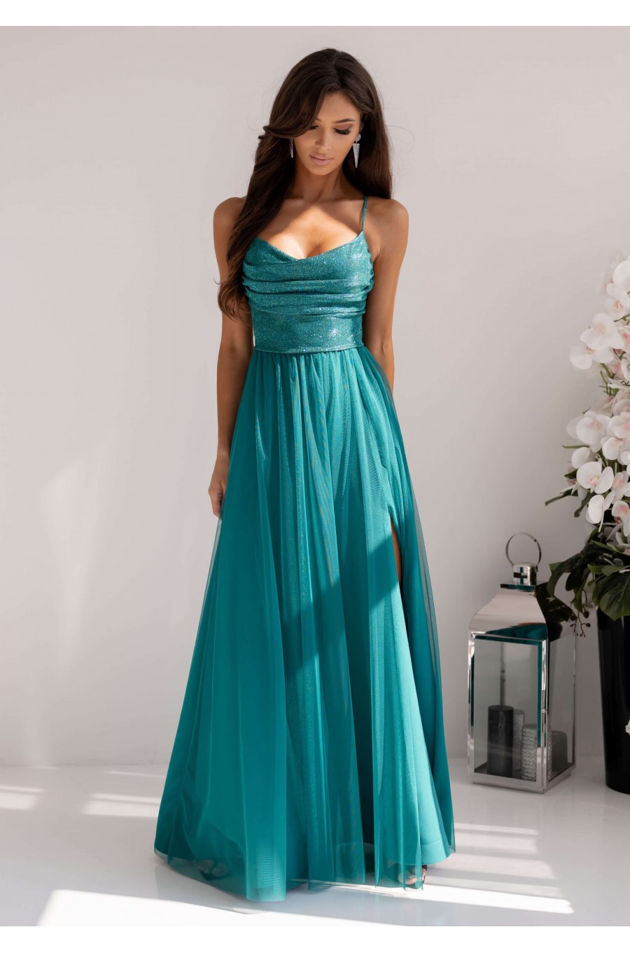 Rochie de ocazie eleganta lunga verde din tulle si brocard cu bustul tip corset si umerii goi RubyW 1 - dyandra.ro