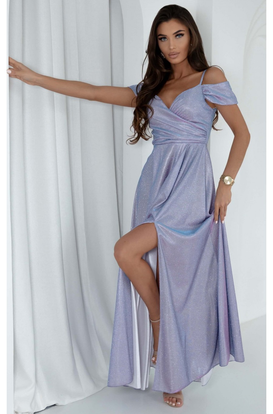 Rochie de ocazie lunga eleganta din glitter bleu cu reflexii roz umerii goi ValentinaLux 3 - dyandra.ro