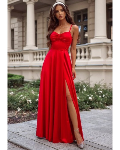 Rochie din satin, rosie, de ocazie lunga, cu corset, Karenina - dyandra.ro