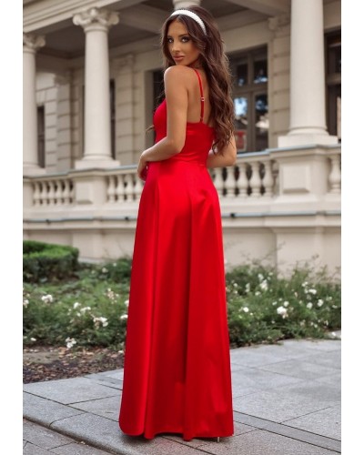 Rochie din satin, rosie, de ocazie lunga, cu corset, Karenina - dyandra.ro