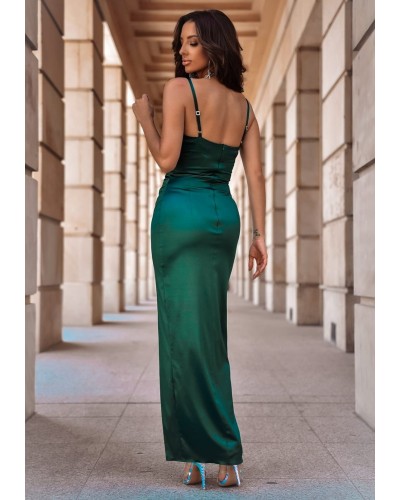 Rochie de ocazie lunga, din bumbac satinat, verde smarald, mulata, crapata pe picior, KeliW - dyandra.ro