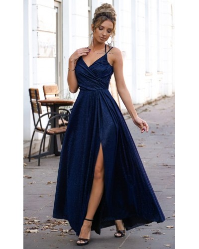 Rochie lunga din bumbac cu glitter bleumarin navy crapata pe picior ScarletW - dyandra.ro