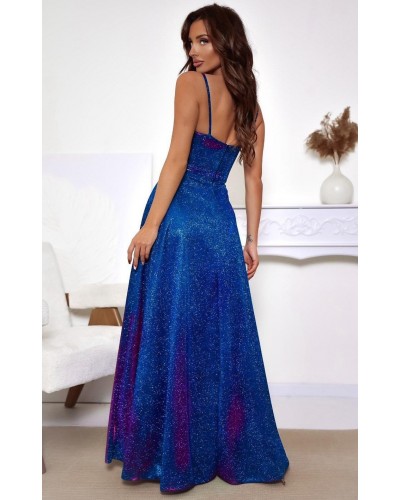 Rochie de seara lunga, glitter, albastra cu reflexii burgundy, cu corset, KareninaLux - dyandra.ro