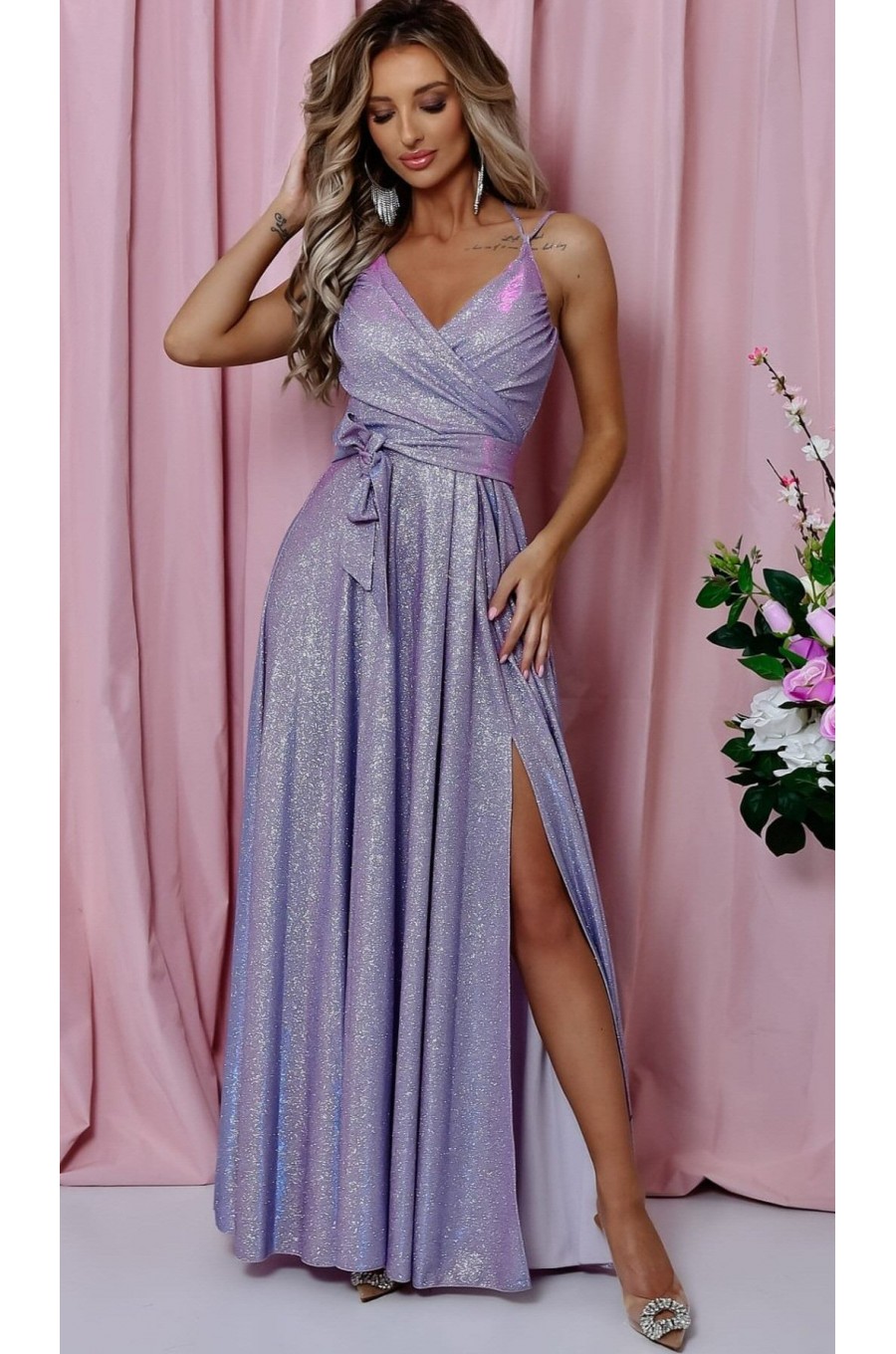 Rochie de seara lunga, bumbac cu glitter bleu, crapata pe picior, ScarletW 1 - dyandra.ro