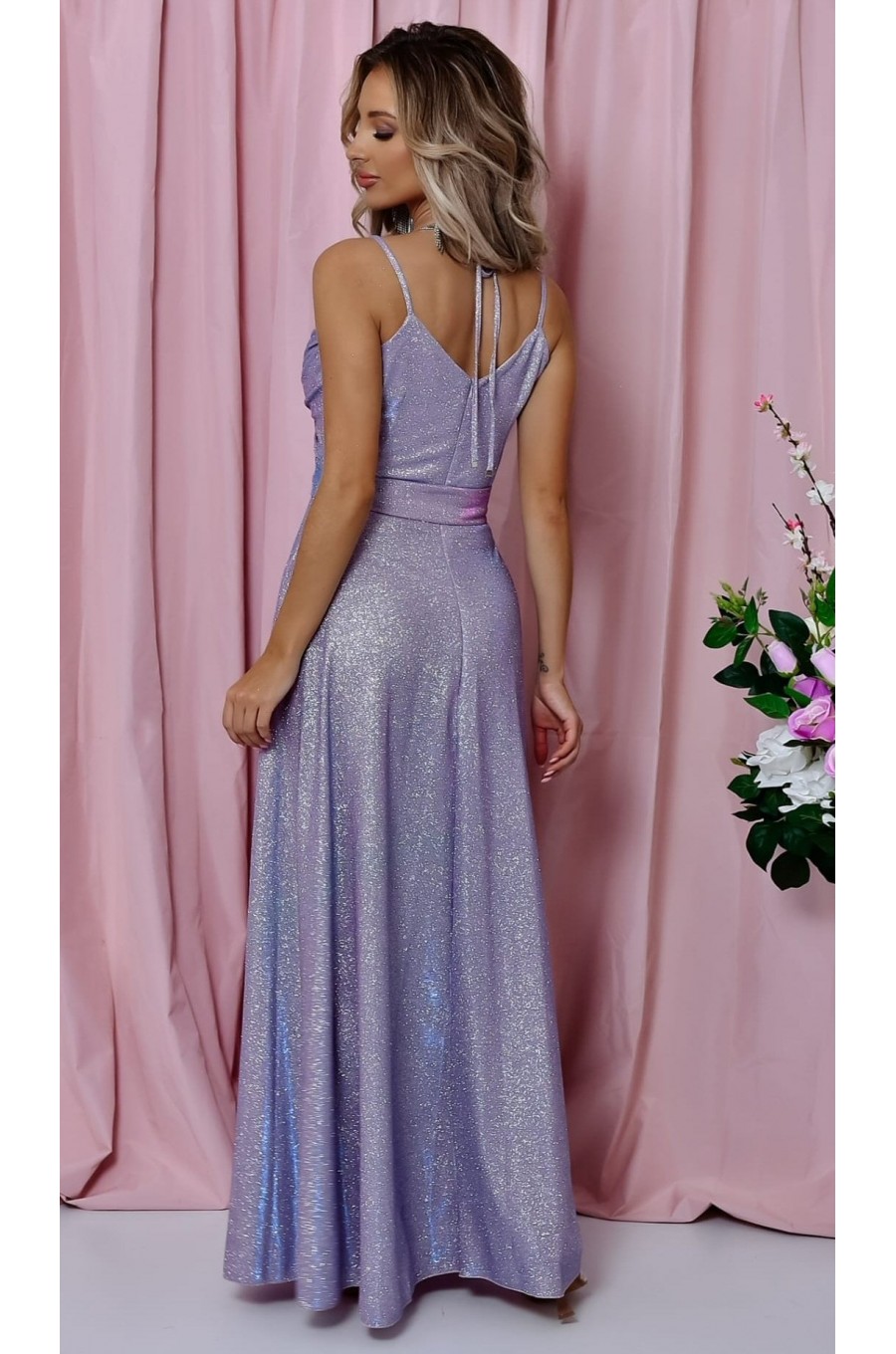 Rochie de seara lunga, bumbac cu glitter bleu, crapata pe picior, ScarletW 2 - dyandra.ro