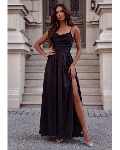 Rochii, Rochie de seara lunga, glitter, neagra, cu bust tip corset, ValeriaLux - dyandra.ro