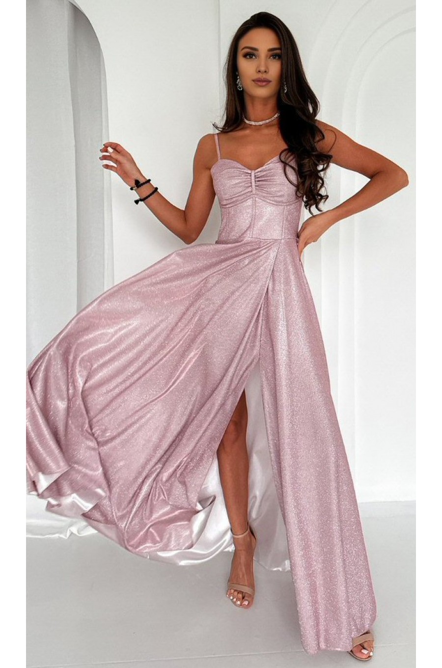 Rochie de seara lunga, glitter, roz pastel, cu corset, KareninaLux Rochie de seara lunga, glitter, roz pastel, cu corset, KareninaLux 1 - dyandra.ro