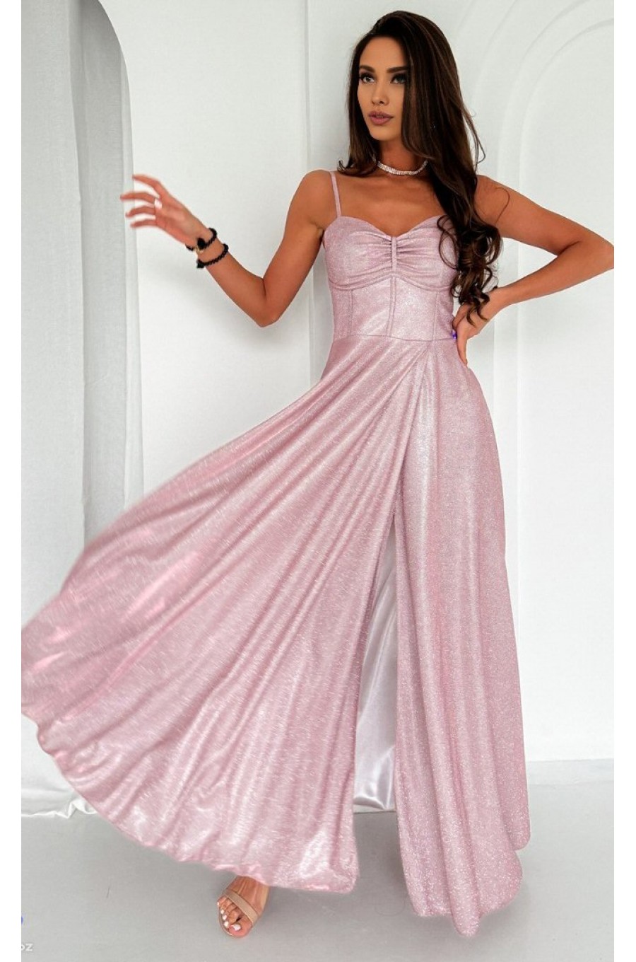 Rochie de seara lunga, glitter, roz pastel, cu corset, KareninaLux Rochie de seara lunga, glitter, roz pastel, cu corset, KareninaLux 3 - dyandra.ro