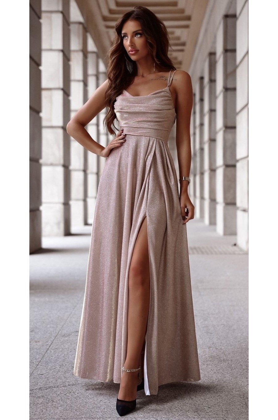 Rochie de seara lunga, glitter, sampanie aurie, cu bust tip corset, ValeriaLux 1 - dyandra.ro