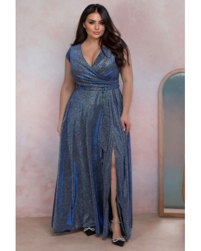 Rochie eleganta in marimi mari, lunga, glitter gri cu reflexii albastre, crapata pe picior, disco, AmandaW - dyandra.ro