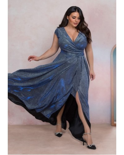 Rochie eleganta in marimi mari, lunga, glitter gri cu reflexii albastre, crapata pe picior, disco, AmandaW - dyandra.ro