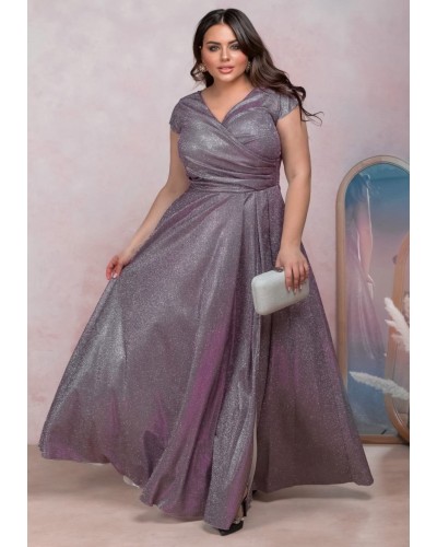 Rochie eleganta in marimi mari, lunga, din bumbac cu glitter, lila, crapata pe picior, AmandaW - dyandra.ro